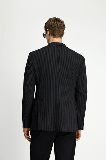 Siyah Muscle Fit Örme Klasik Çizgili Ceket