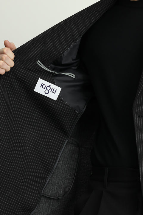 Siyah 7 Drop Super Slim Fit Eksra Dar Kesim Örme Klasik Çizgili Ceket