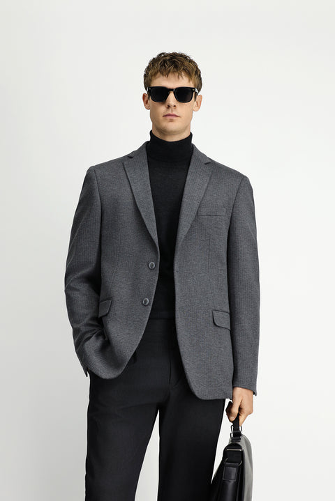 Koyu Füme 7 Drop Super Slim Fit Eksra Dar Kesim Örme Klasik Çizgili Ceket