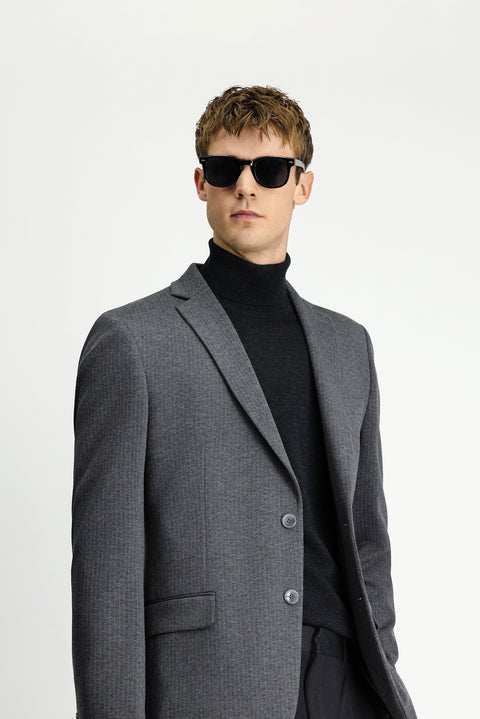 Koyu Füme 7 Drop Super Slim Fit Eksra Dar Kesim Örme Klasik Çizgili Ceket