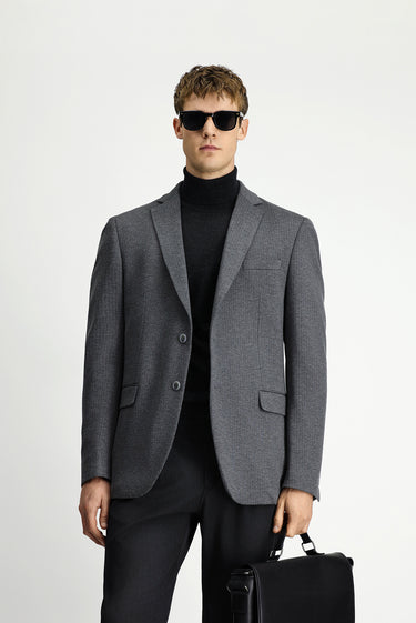 Koyu Füme Super Slim Fit Ekstra Dar Kesim Örme Klasik Çizgili Ceket