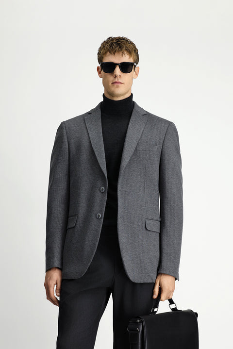 Koyu Füme 7 Drop Super Slim Fit Eksra Dar Kesim Örme Klasik Çizgili Ceket