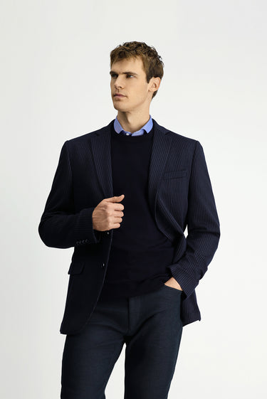  Koyu Lacivert Super Slim Fit Ekstra Dar Kesim Örme Klasik Çizgili Ceket