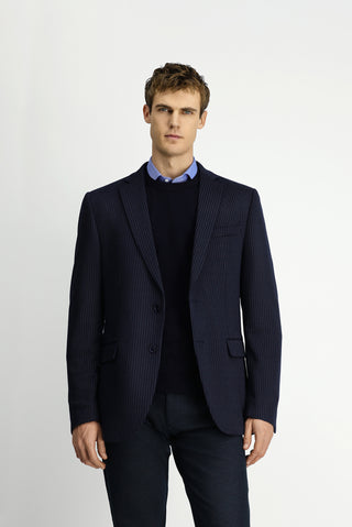  Koyu Lacivert Super Slim Fit Ekstra Dar Kesim Örme Klasik Çizgili Ceket