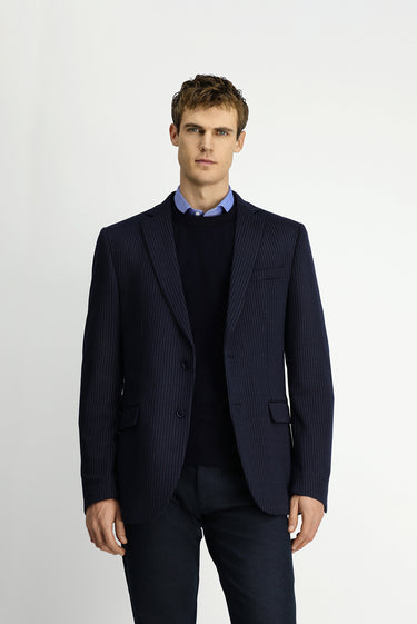  Koyu Lacivert Super Slim Fit Ekstra Dar Kesim Örme Klasik Çizgili Ceket