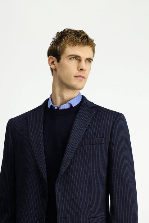 Koyu Lacivert 7 Drop Super Slim Fit Eksra Dar Kesim Örme Klasik Çizgili Ceket