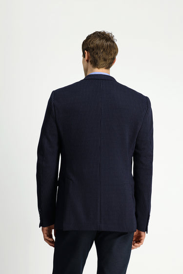Koyu Lacivert Super Slim Fit Ekstra Dar Kesim Örme Klasik Çizgili Ceket