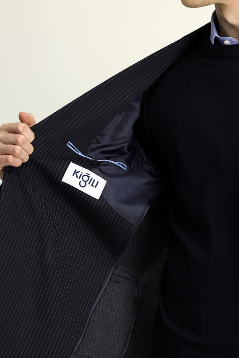 Koyu Lacivert 7 Drop Super Slim Fit Eksra Dar Kesim Örme Klasik Çizgili Ceket