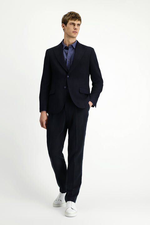 Koyu Lacivert 7 Drop Slim Fit Dar Kesim Klasik Çizgili Ceket