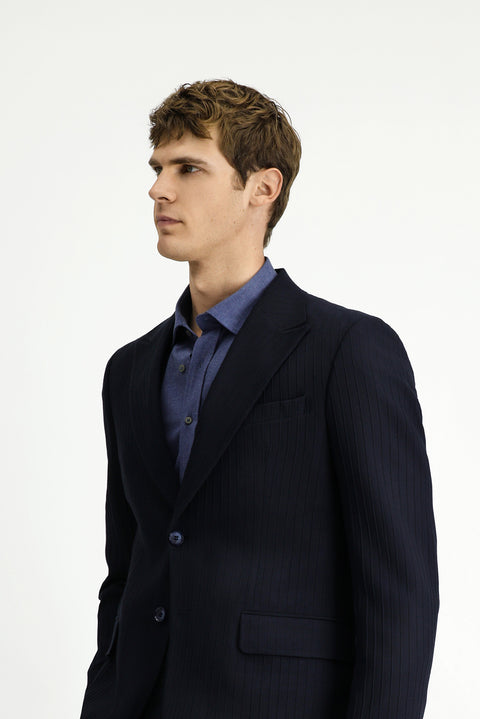 Koyu Lacivert 7 Drop Slim Fit Dar Kesim Klasik Çizgili Ceket