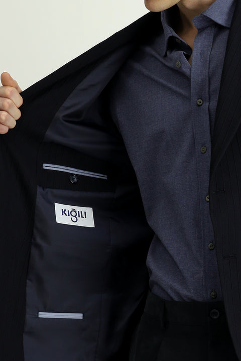 Koyu Lacivert 7 Drop Slim Fit Dar Kesim Klasik Çizgili Ceket