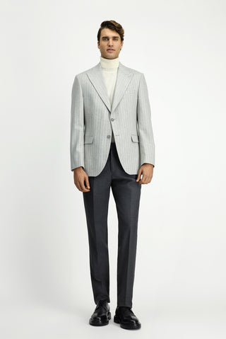  Açık Gri Regular Fit Çizgili Yünlü Klasik Ceket