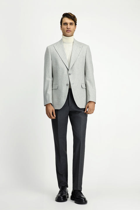 Açık Gri 6 Drop Regular Fit Standart Kesim Çizgili Yünlü Klasik Ceket