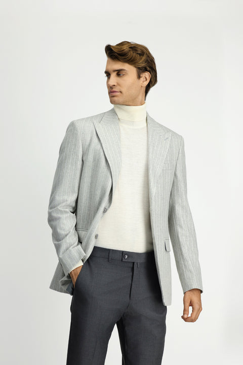 Açık Gri 6 Drop Regular Fit Standart Kesim Çizgili Yünlü Klasik Ceket