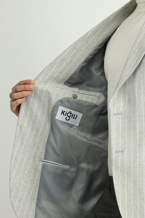 Açık Gri 6 Drop Regular Fit Standart Kesim Çizgili Yünlü Klasik Ceket