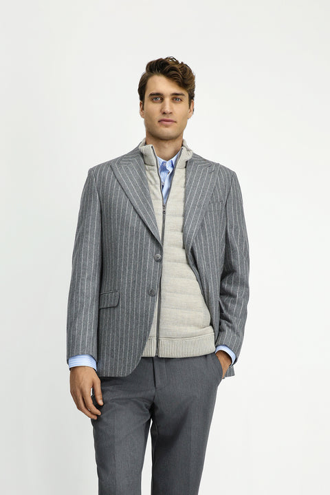 Orta Füme 6 Drop Regular Fit Standart Kesim Çizgili Yünlü Klasik Ceket