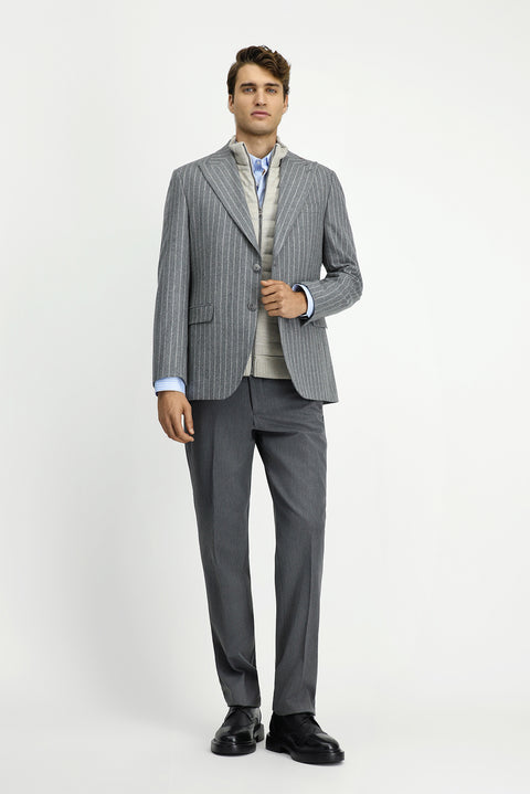 Orta Füme 6 Drop Regular Fit Standart Kesim Çizgili Yünlü Klasik Ceket