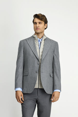  Orta Füme Regular Fit Çizgili Yünlü Klasik Ceket