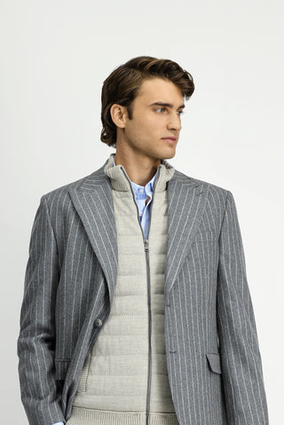  Orta Füme Regular Fit Çizgili Yünlü Klasik Ceket