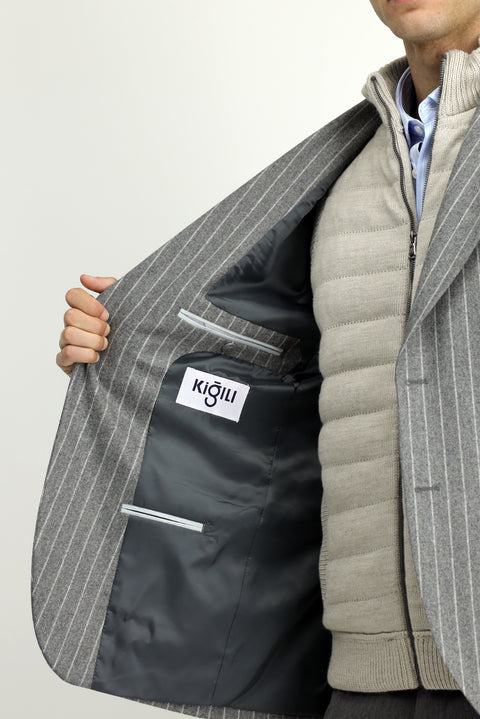 Orta Füme 6 Drop Regular Fit Standart Kesim Çizgili Yünlü Klasik Ceket