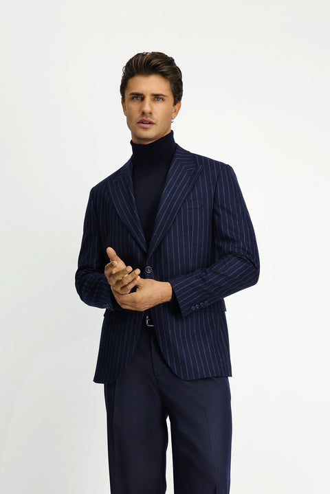 Koyu Lacivert 6 Drop Regular Fit Standart Kesim Çizgili Yünlü Klasik Ceket