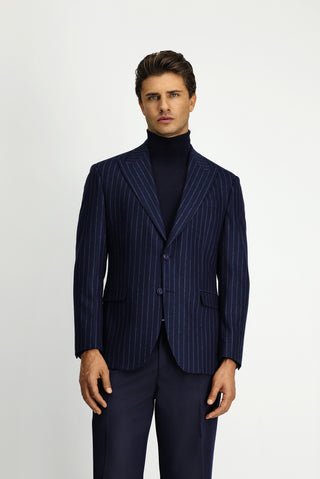  Koyu Lacivert Regular Fit Çizgili Yünlü Klasik Ceket