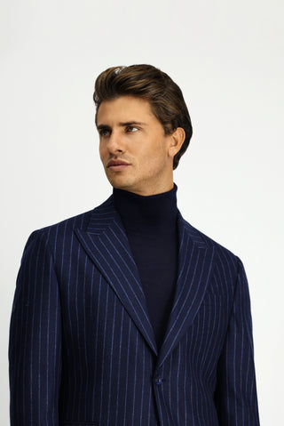  Koyu Lacivert Regular Fit Çizgili Yünlü Klasik Ceket