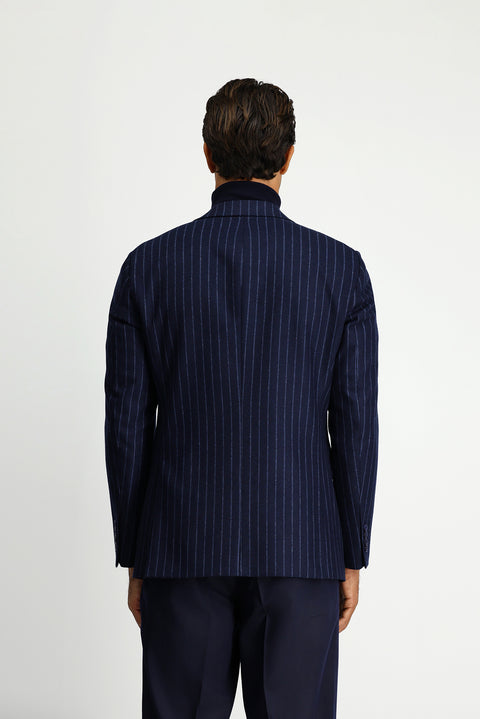 Koyu Lacivert 6 Drop Regular Fit Standart Kesim Çizgili Yünlü Klasik Ceket