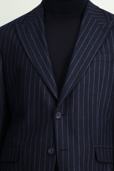 Koyu Lacivert 6 Drop Regular Fit Standart Kesim Çizgili Yünlü Klasik Ceket