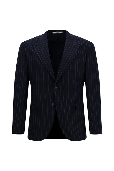 Koyu Lacivert 6 Drop Regular Fit Standart Kesim Çizgili Yünlü Klasik Ceket
