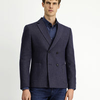 Orta Lacivert Regular Fit Yünlü Desenli Kruvaze Ceket