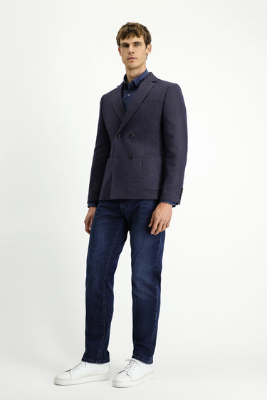  Orta Lacivert Regular Fit Yünlü Desenli Kruvaze Ceket