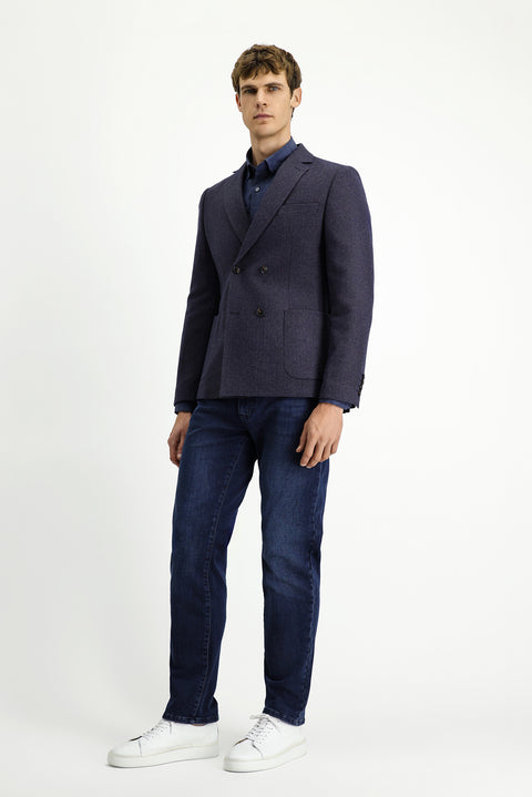 Orta Lacivert 6 Drop Regular Fit Standart Kesim Yünlü Desenli Kruvaze Ceket