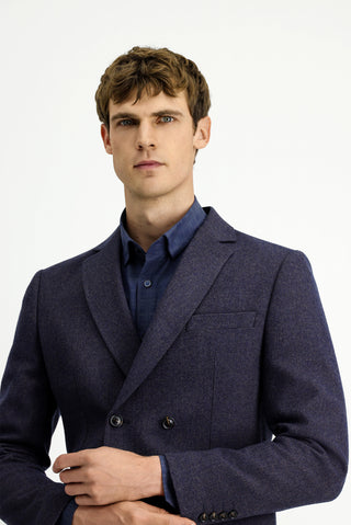  Orta Lacivert Regular Fit Yünlü Desenli Kruvaze Ceket