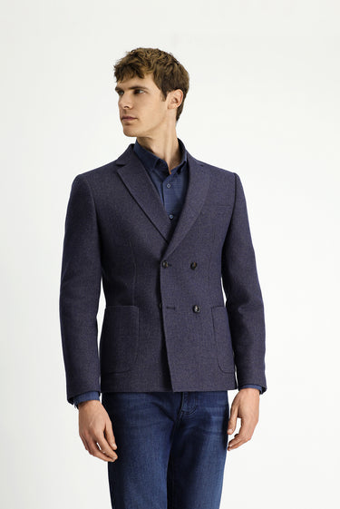  Orta Lacivert Regular Fit Yünlü Desenli Kruvaze Ceket