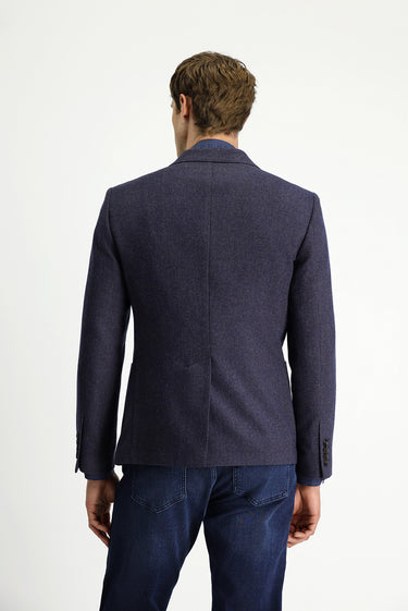 Orta Lacivert Regular Fit Yünlü Desenli Kruvaze Ceket