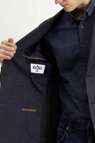 Orta Lacivert Regular Fit Yünlü Desenli Kruvaze Ceket