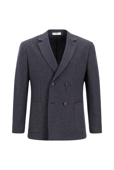 Orta Lacivert Regular Fit Yünlü Desenli Kruvaze Ceket