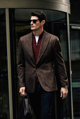 Koyu Kahve 7 Drop Slim Fit Dar Kesim Yünlü Ekose Spor Yarım Astar Torba Cep Sivri Yaka Ceket