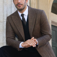 Koyu Kahve 6 Drop Regular Fit Standart Kesim Yünlü Ekose Spor Yarım Astar Torba Cep Sivri Yaka Ceket