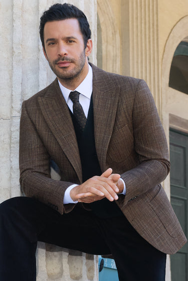 Koyu Kahve 6 Drop Regular Fit Standart Kesim Yünlü Ekose Spor Yarım Astar Torba Cep Sivri Yaka Ceket