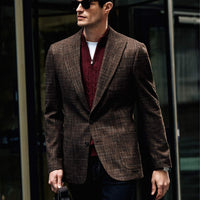 Dark Brown 6 Drop Regular Fit Standard Cut Wool Plaid Sport Half Lining Patch Pocket Pointed Collar Jacket