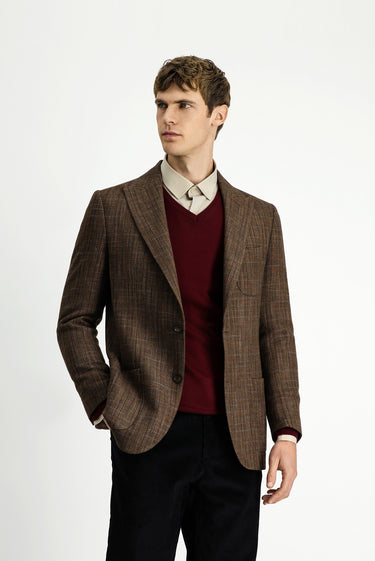 Koyu Kahve 6 Drop Regular Fit Standart Kesim Yünlü Ekose Spor Yarım Astar Torba Cep Sivri Yaka Ceket