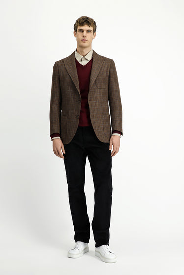 Koyu Kahve 8 Drop Muscle Fit Uzun Atletik Kesim Yünlü Ekose Spor Yarım Astar Torba Cep Sivri Yaka Ceket