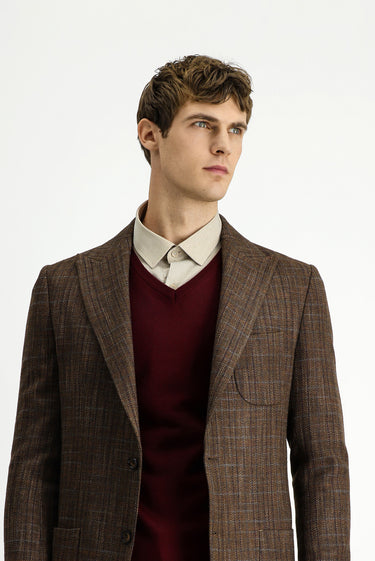 Koyu Kahve 6 Drop Regular Fit Standart Kesim Yünlü Ekose Spor Yarım Astar Torba Cep Sivri Yaka Ceket