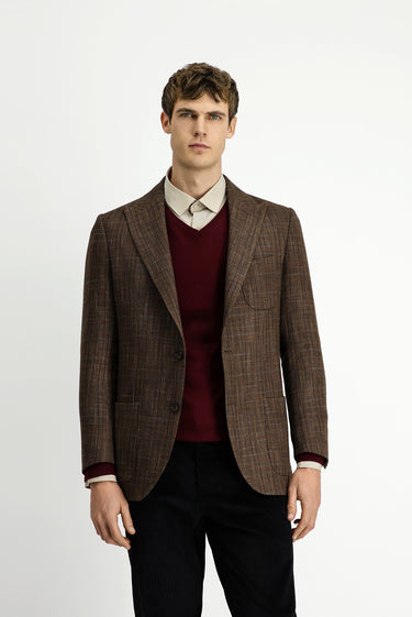 Koyu Kahve 8 Drop Muscle Fit Uzun Atletik Kesim Yünlü Ekose Spor Yarım Astar Torba Cep Sivri Yaka Ceket