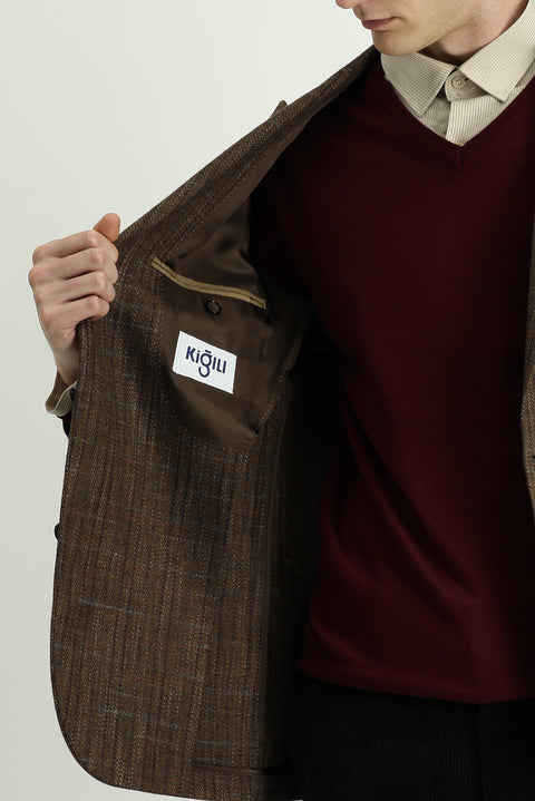 Dark Brown 6 Drop Regular Fit Standard Cut Wool Plaid Sport Half Lining Patch Pocket Pointed Collar Jacket