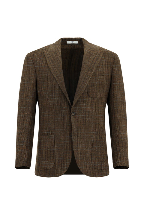 Koyu Kahve 7 Drop Slim Fit Dar Kesim Yünlü Ekose Spor Yarım Astar Torba Cep Sivri Yaka Ceket