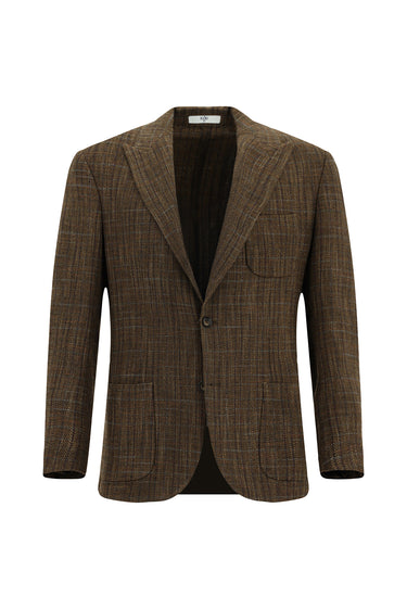 Koyu Kahve 8 Drop Muscle Fit Uzun Atletik Kesim Yünlü Ekose Spor Yarım Astar Torba Cep Sivri Yaka Ceket