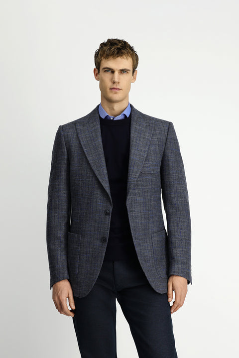 Koyu Antrasit 7 Drop Slim Fit Dar Kesim Yünlü Ekose Spor Yarım Astar Torba Cep Sivri Yaka Ceket